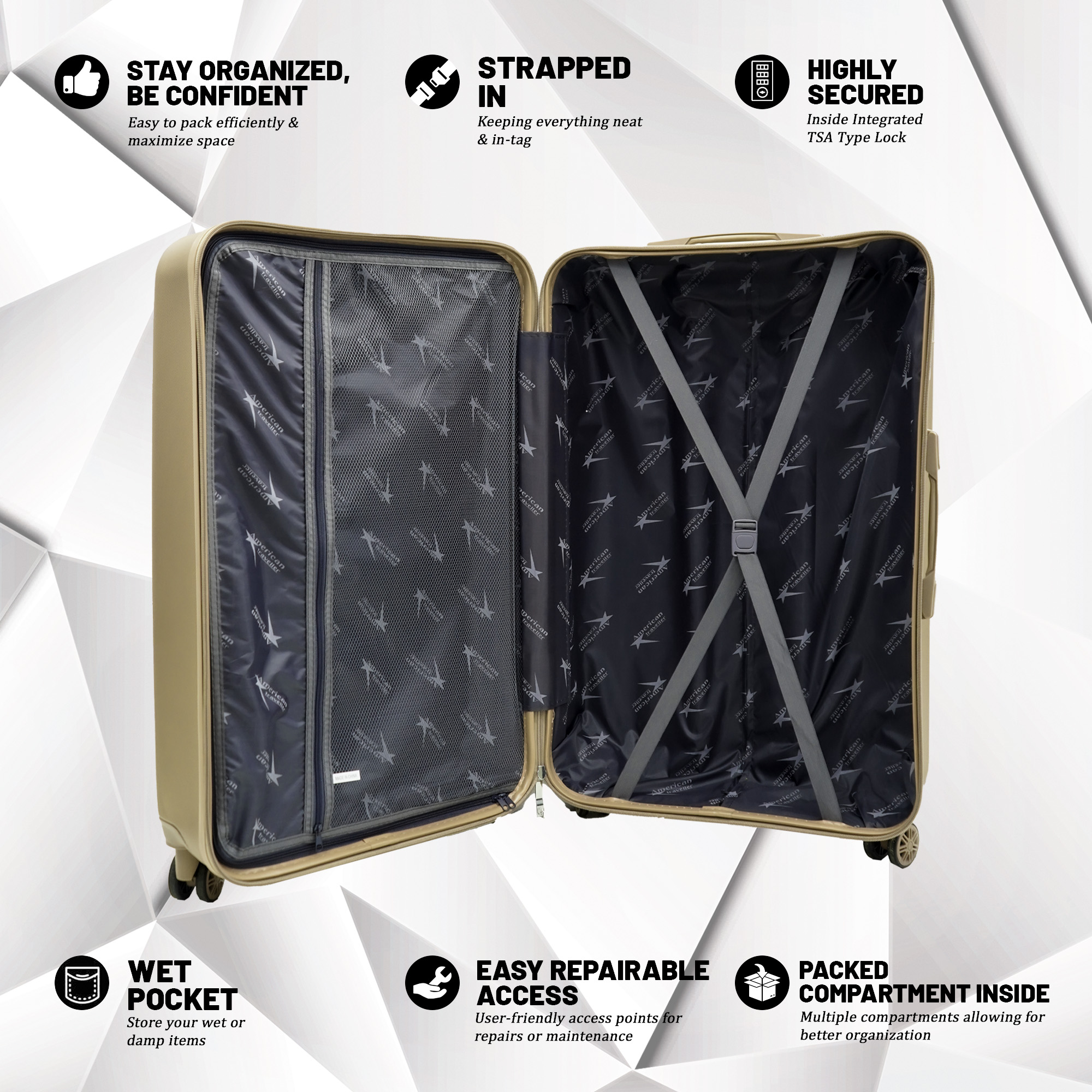Medium size hard trolley bag with organized compartments, TSA Type lock, wet pocket, and cross-straps for secure packing