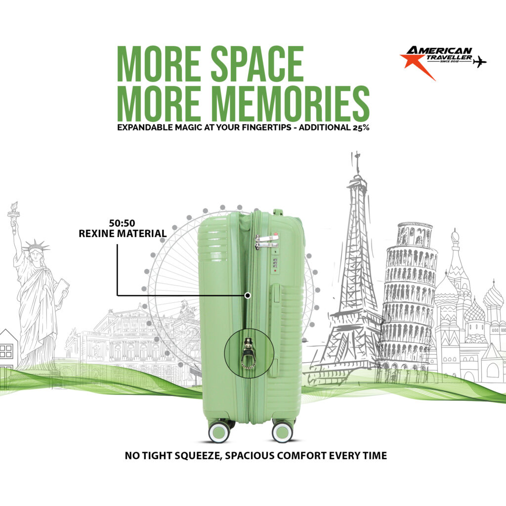 Green hard shell trolley bag made with 50:50 rexine material, featuring 25% expandable space, set against iconic global landmarks