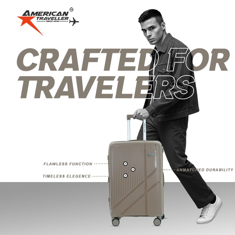 Stylish man pulling American Traveller polypropylene trolley bag with durable wheels and sleek design