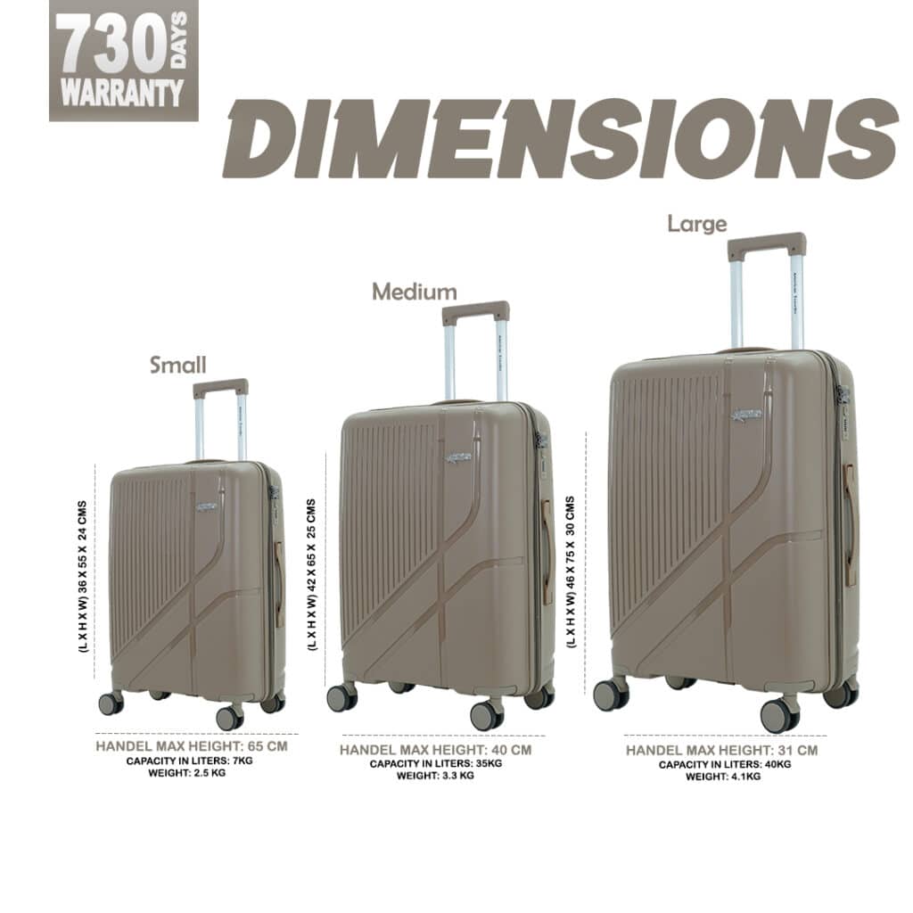 American Traveller hard suitcases in small, medium, and large sizes with dimensions, capacity, weight, and 730-day warranty label